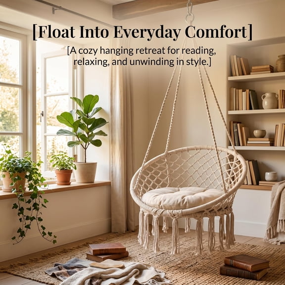 Heavy Duty Hanging Chair, 330 LBS Macrame Hammock Chair with Thick Cushion, Indoor Outdoor Swing Chair with Steel Chains for Bedroom Patio