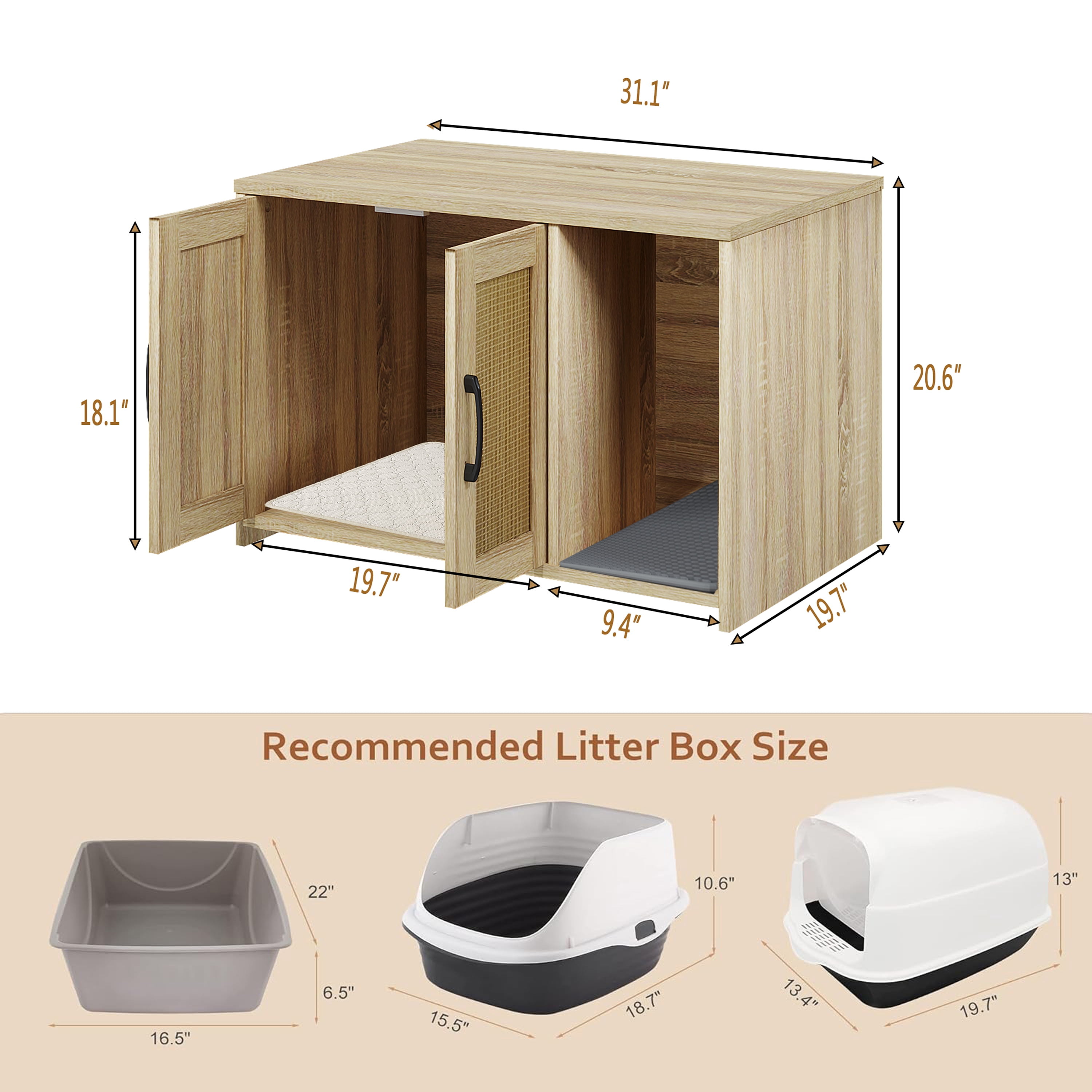 Cat Litter Box Enclosure, Hidden Litter Box Furniture with Divider, Indoor Cat House, Wooden pet house side table, for Living Room, Bedroom