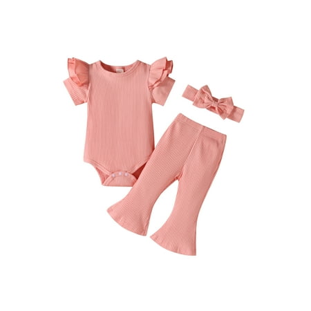 

Bebiullo Newborn Baby Girls Clothes Set Knitted Outfits Romper+Flare Pants+Headband Summer 3pcs Set Pink 9-12 Months