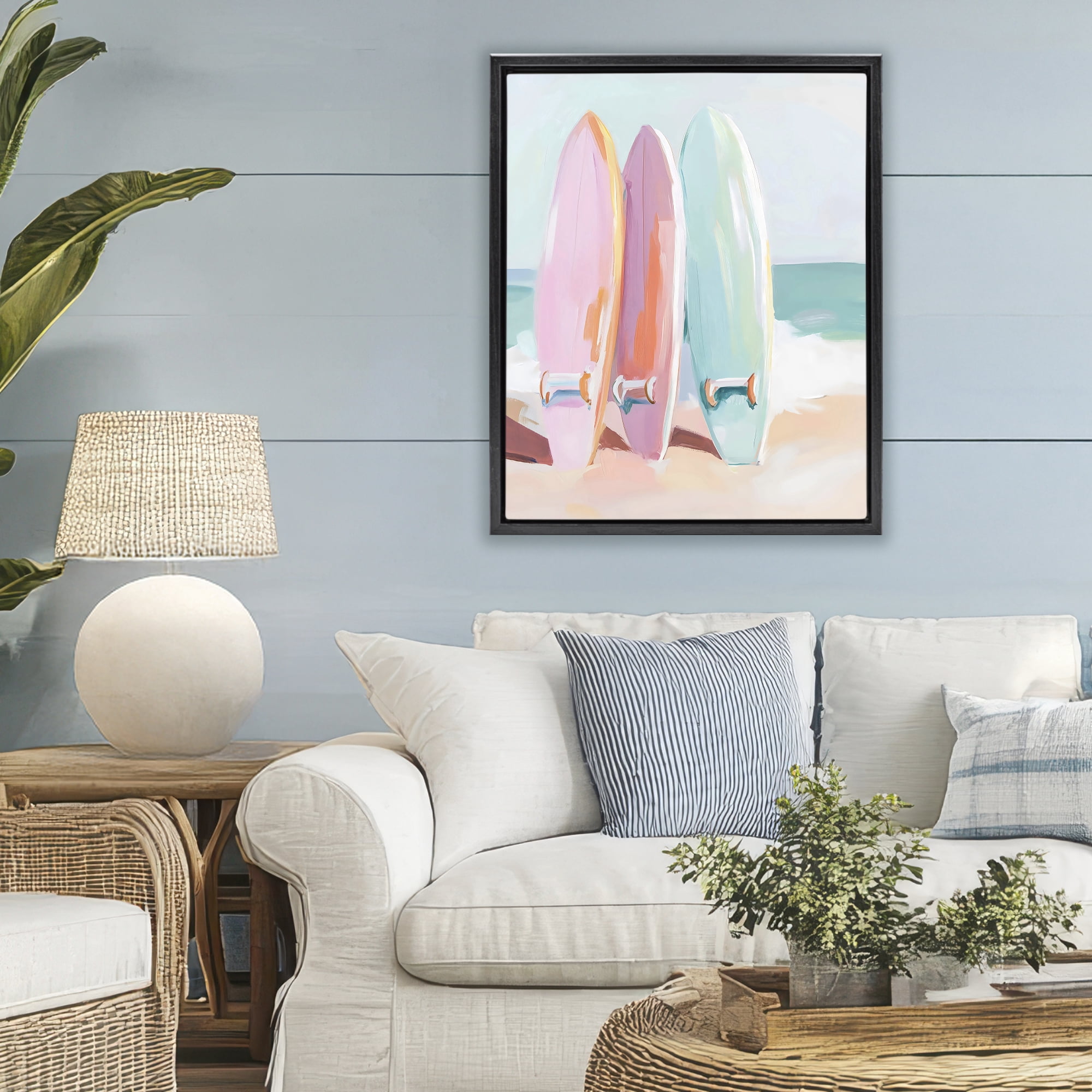Stupell Industries Pastel Surfboards on Sandy Beach Black Framed Floater Canvas Wall Art, design by The Prints Vibe