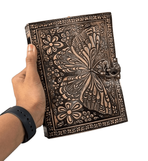 Handmade Leather Journal 5x7 Inch with Lock – 200 Pages Vintage Deckle Paper – Butterfly Engraved Writing Notebook – Rustic  Diary for Women & Men