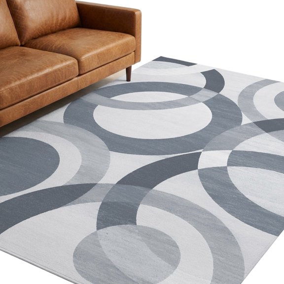 Overlapping Circular Rings Area Rug 5x7ft Abstract Minimalist Slate Gray Texture Non-Slip Washable Rectangle Rugs Soft Felt Indoor Floor Mat for Bedroom Kitchen Living Room Bathroom