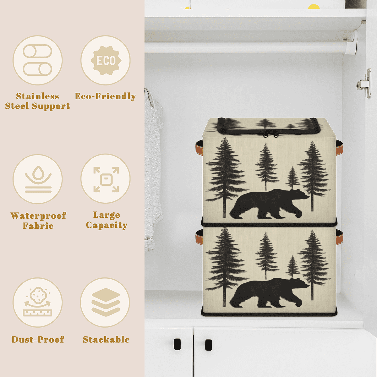 ADECORIVY Tree Bear Fabric Storage Bin with Lid, Decorative Closet Shelf Organizers, Animal Forest Bear Foldable Basket Box Clothes Storage Bin with Handles