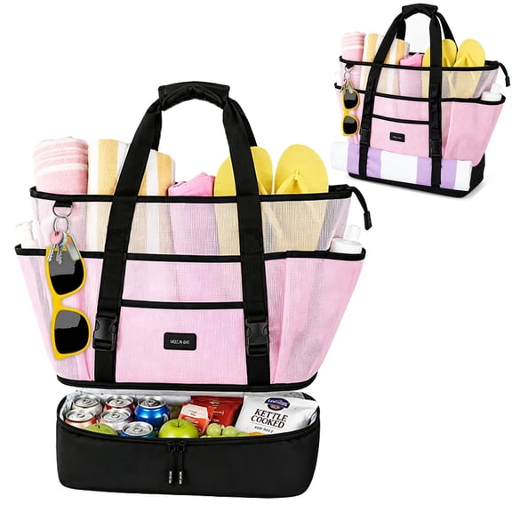 Beach Bag for Women, Large Mesh Tote with Zipper Pocket, Toys Pool Bag for Family Travel Vacation with Cooler for Swim Pool