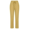 Womens Solid Linen Pants Mid Rise Drawstring Straight Long Pants Casual