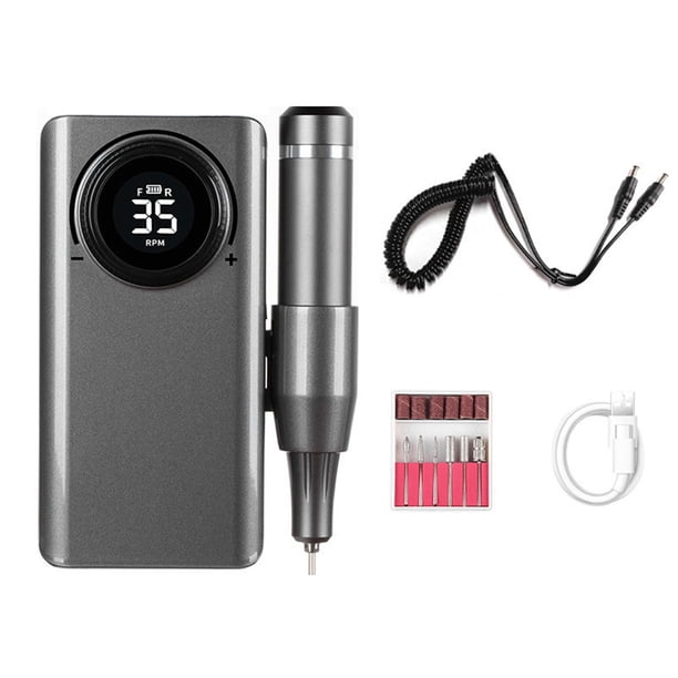 Kit de taladro de uñas portátil con pantalla LCD, taladro eléctrico multifuncional para lima de uñas, banco de energía para pulir, gris