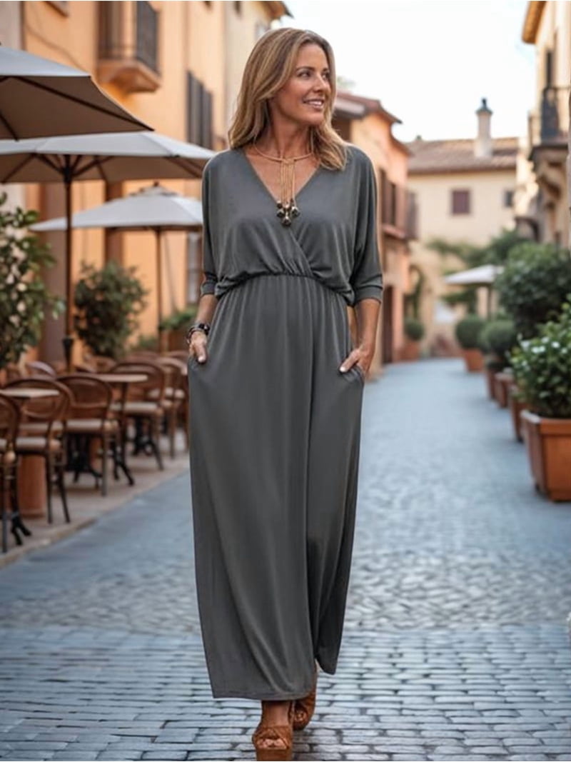 long grey dress with split Women'S V Neck Batwing Sleeve Maxi Dress, Elegant Elastic Waist Hem Pockets Pink XXXL Sleeve Length_Short Sleeve