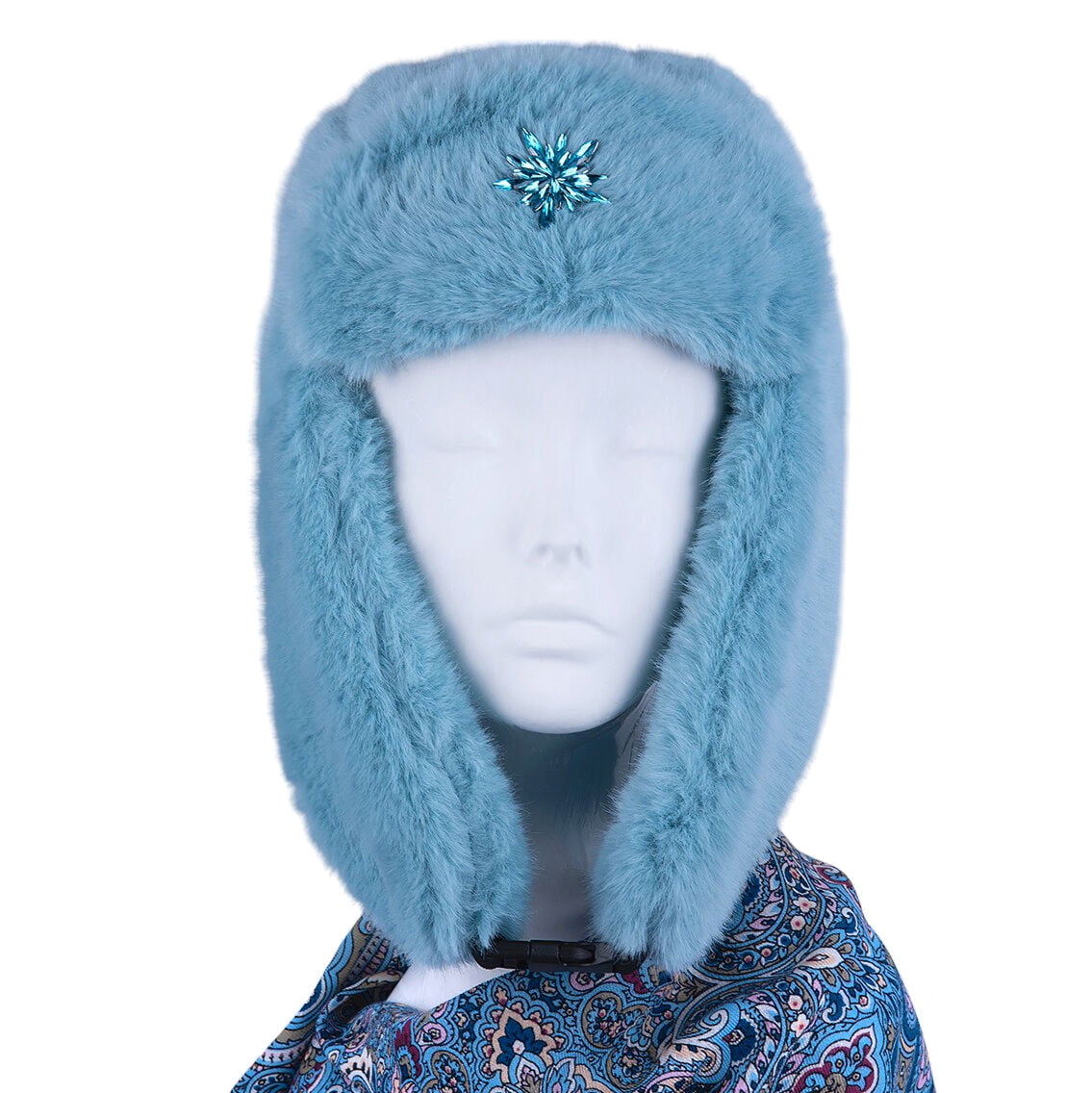 STP GOODS Turquoise Blue Faux Rabbit Fur Women's Earflap Hat with Clasp Trapper Hat for Women Ushanka Hat with Brooch Aviator Trapper Hat Winter Hat with Earflaps, One Size