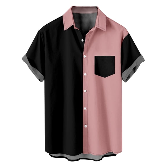 Men's Short Sleeve Lapel Shirts Stretch Casual Fashion Button Down Shirts Summer Lightweight Loose Color Block Blouse Top with Pocket