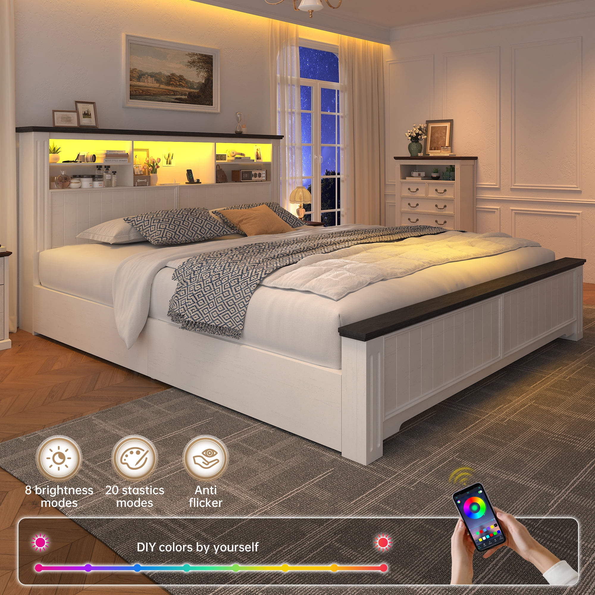 EnHomee King Size Bed Frame with 4 Storage Drawers Platform Bed Frame metal with Headboard and Storage Framhouse Bed Frame with LED Lights & Charge Station, White