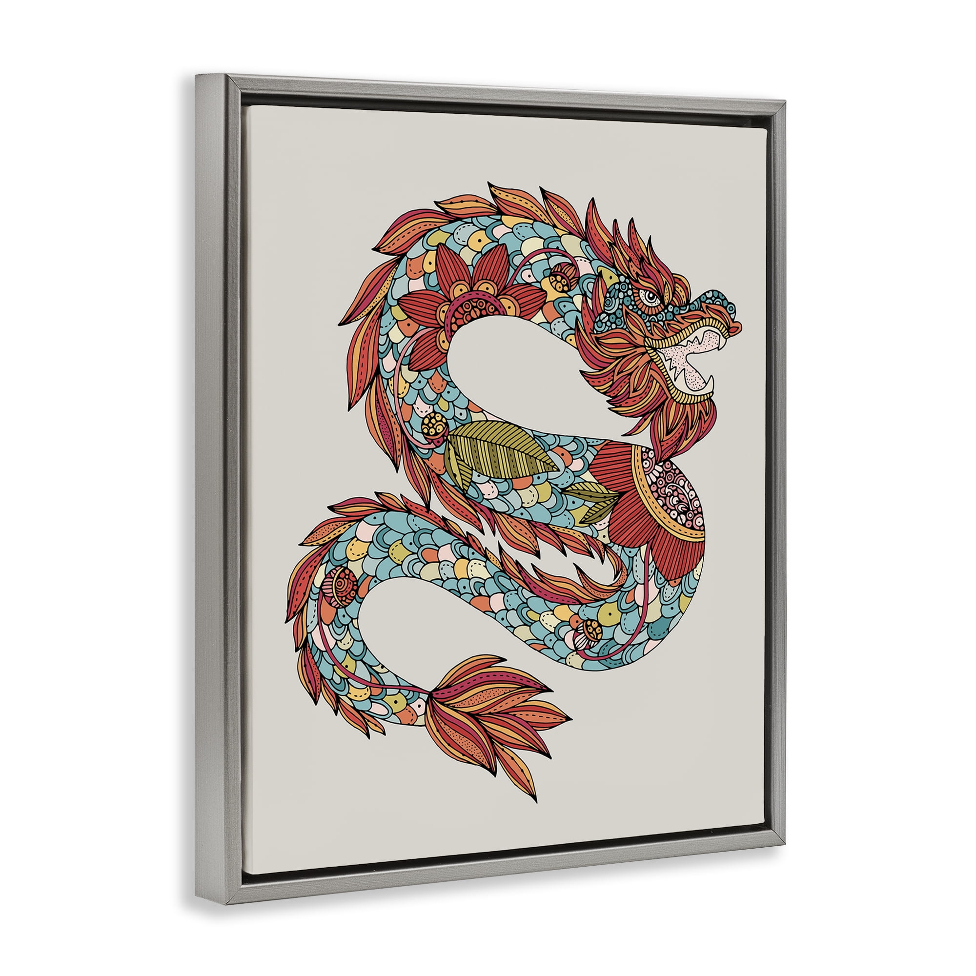 Stupell Industries Detailed Year of Dragon Fairy Tales & Fantasy Painting Gray Floater Framed Canvas Art Print Wall Art, 17 x 21