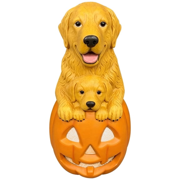 Light Up Golden Retriever Mom & Puppy Resin Statue, Weather‑Resistant Halloween Pumpkin Decor, LED Figurine for Porch, Garden, Indoor Outdoor Fall Display
