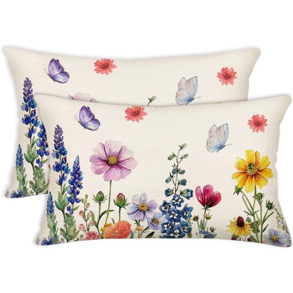 Spring Flower Pillow Covers 12x20 Inch Set of 2, Rustic Wildflowers Lavender Throw Pillows Summer Spring Decorations Floral Pillowcase Outdoor Decor Farmhouse Cushion Case for Couch Home