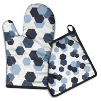 Blue Gold Hexagon Marble Kitchen Oven Mitt and Pot Holder Sets 4 Pcs for Baking, Cooking and Grilling, Heat Resistant Up To 392 °F