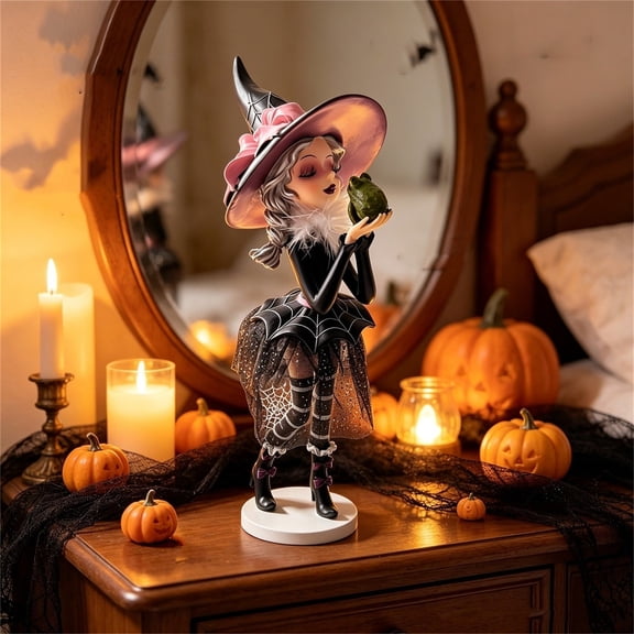 Luckky Halloween Witch Figurine Holding Frog Kissing,Pink Hat Spiderweb Dress Resin Witch Statue,Whimsical Gothic Tabletop Ornament for Home Halloween Party Decor