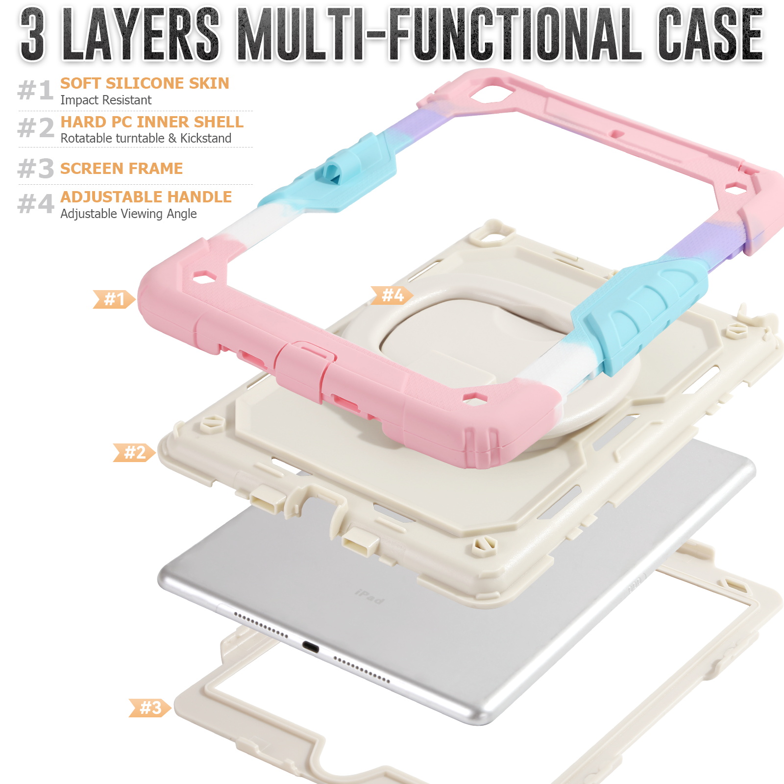 DOMAVER Case for iPad 9th/8th/7th Generation (iPad 10.2 inch, 2021/2020/2019), Heavy Duty Rugged Cover for Kids with Screen Protector, Pencil Holder, Rotating Stand/Handle, Rainbow Pink
