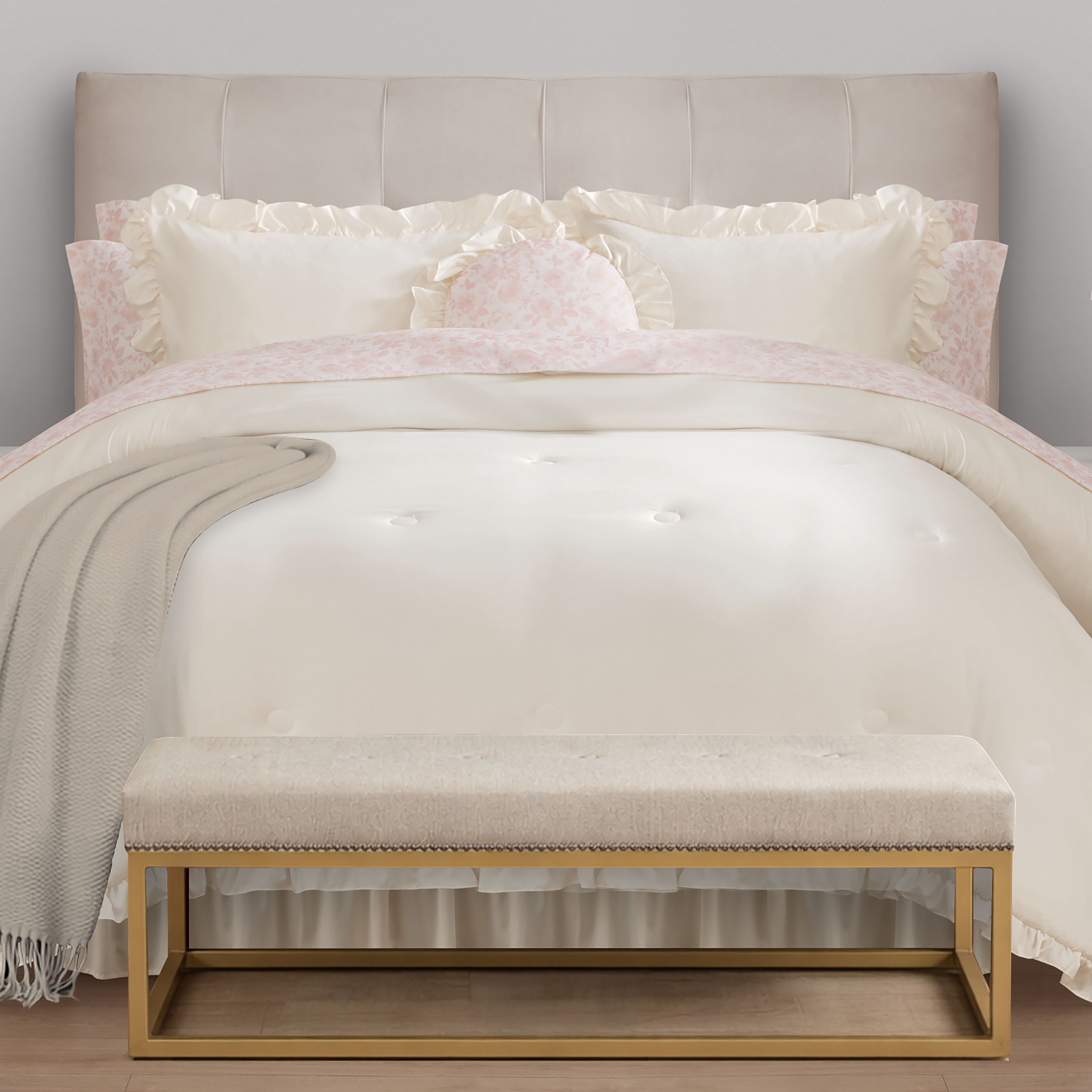 Mainstays All in One Reversible Comforter and Sheet set- 11 Piece, King, Cream Ruffle