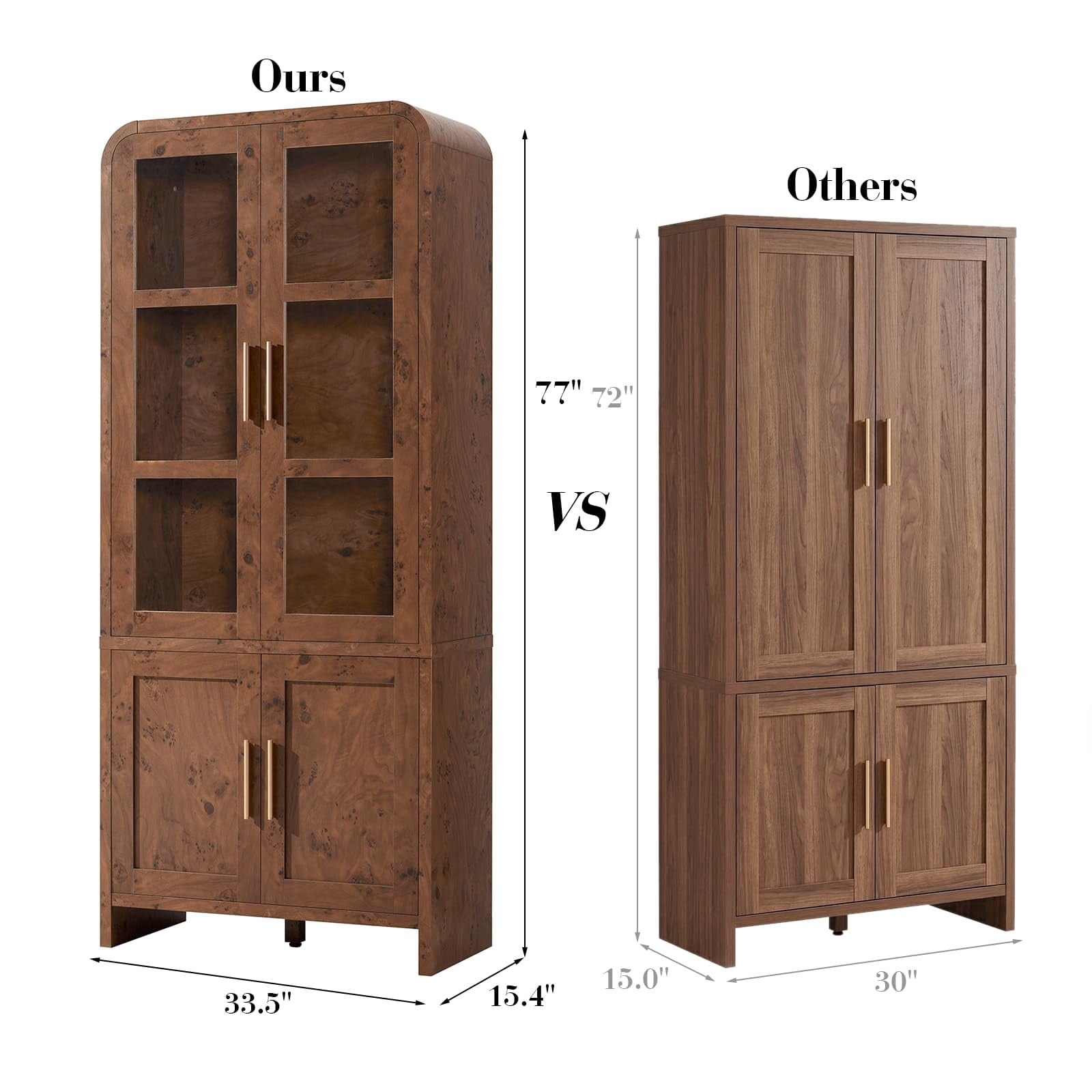 Vintagearth  77" Tall Kitchen Pantry Cabinet, 1.18'' Thick Panel Curved Storage Cupboard with Adjustable Shelf, Freestanding Organizer for Kitchen, Dining Room, Dark Burl