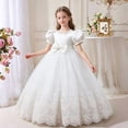 thumbnail image 4 of Girls Puff Sleeve Bow Ball Gown Dress Embroidered Mesh Floor Length Birthday Party Pageant Princess Dress (13-14 Y, White), 4 of 8