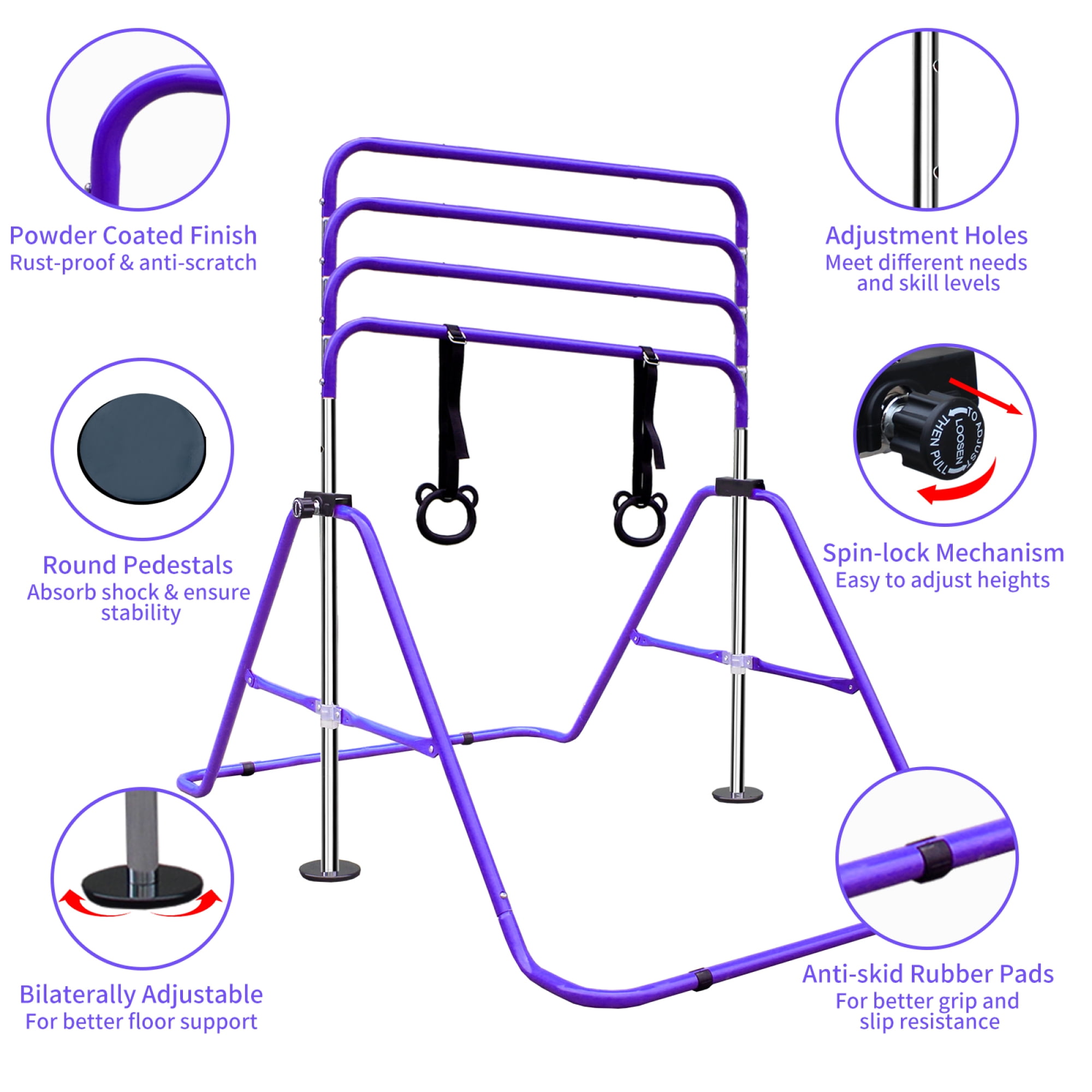 Gymnastics Bar for Kids,Adjustable Height Gymnastic Horizontal Bars with Bear Rings,Folding Junior Training Kip Bar for Kid Gymnasts, Child, Girl, Boy,Purple