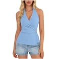 thumbnail image 3 of Women's 2026 Summer Halter Wrap Tops Sleeveless V Neck Ruched Tie Fitted Racerback Trendy Going Out Tops Halter Wrap Top with Side Ring Light Blue XXL, 3 of 9