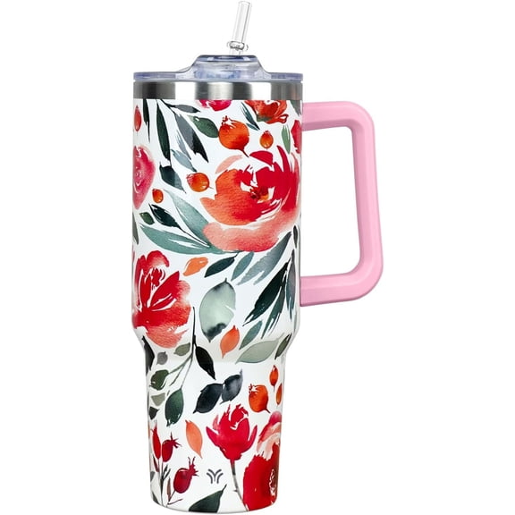 40oz Tumbler with Handle and Straw Lid | Vacuum Insulated Leak Proof Tumbler | Stainless Steel Travel Mug Water Bottle Cup Keeps Cold & Hot | Red Flowers