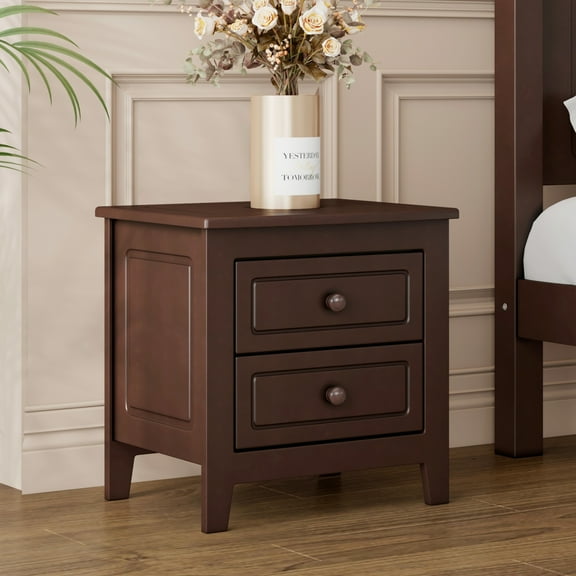 2-Drawer Nightstand For Bedroom, Mid Century Retro Bedside Table With Classic Design,Dark Walnut