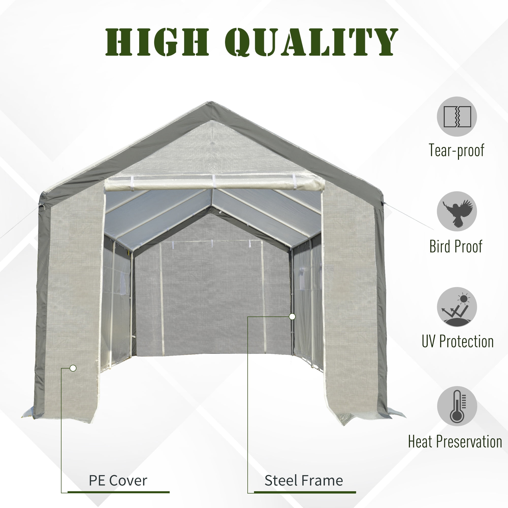 Outsunny 20' x 10' x 9' Walk-In Greenhouse, Outdoor Gardening Canopy with 6 Roll-up Windows, 2 Zippered Doors & Weather Cover, White