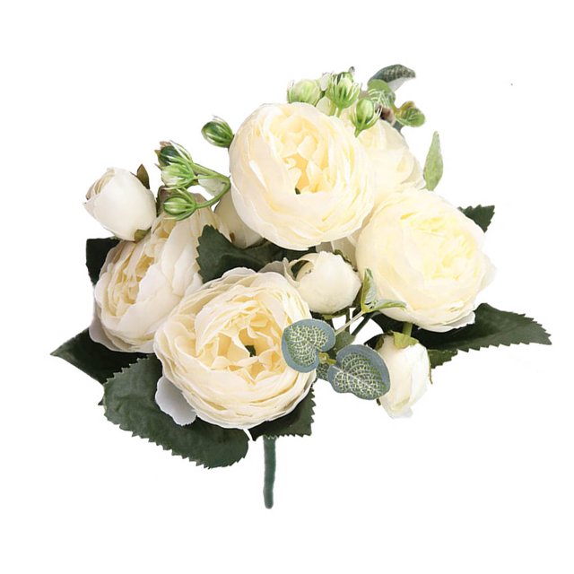 Ramo de flores 5 cabezas Capullos de rosa artificiales Boda decorativa Tela de seda de plástico Flor falsa, Blanco sidaley HA6434-01B