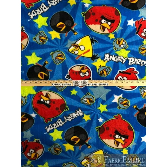 Fleece Printed Antipill Winter Fabric ANGRY BIRDS WITH STARS BLUE BACKGROUND / 58" Wide / Sold by the yard
