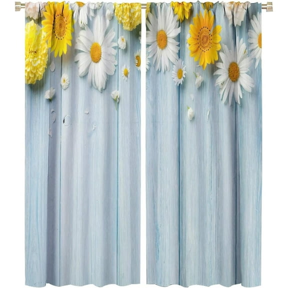 Garden Floral Window Curtains,Rustic Farmhouse Vintage Country Daisy Flowers Wood Plank Style Rod Sleeves Window Drapes for Living Room Bedroom Kitchen Bathroom Decor W42xL54in