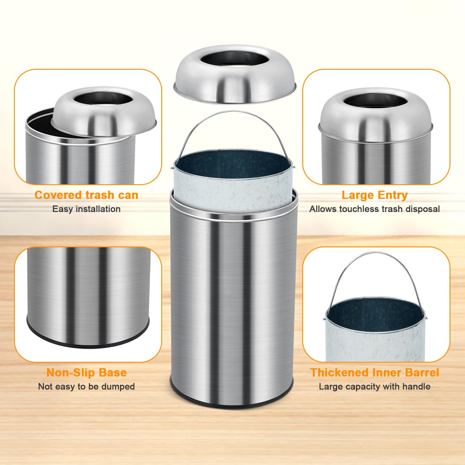 Ataucjin Open Top Trash Can, 13 Gallon/50 L Outdoor Indoor Round Garbage Can with Removable Inner Wastebasket, Commercial Grade Stainless Steel Rubbish Bin for Home, Office, Restaurant