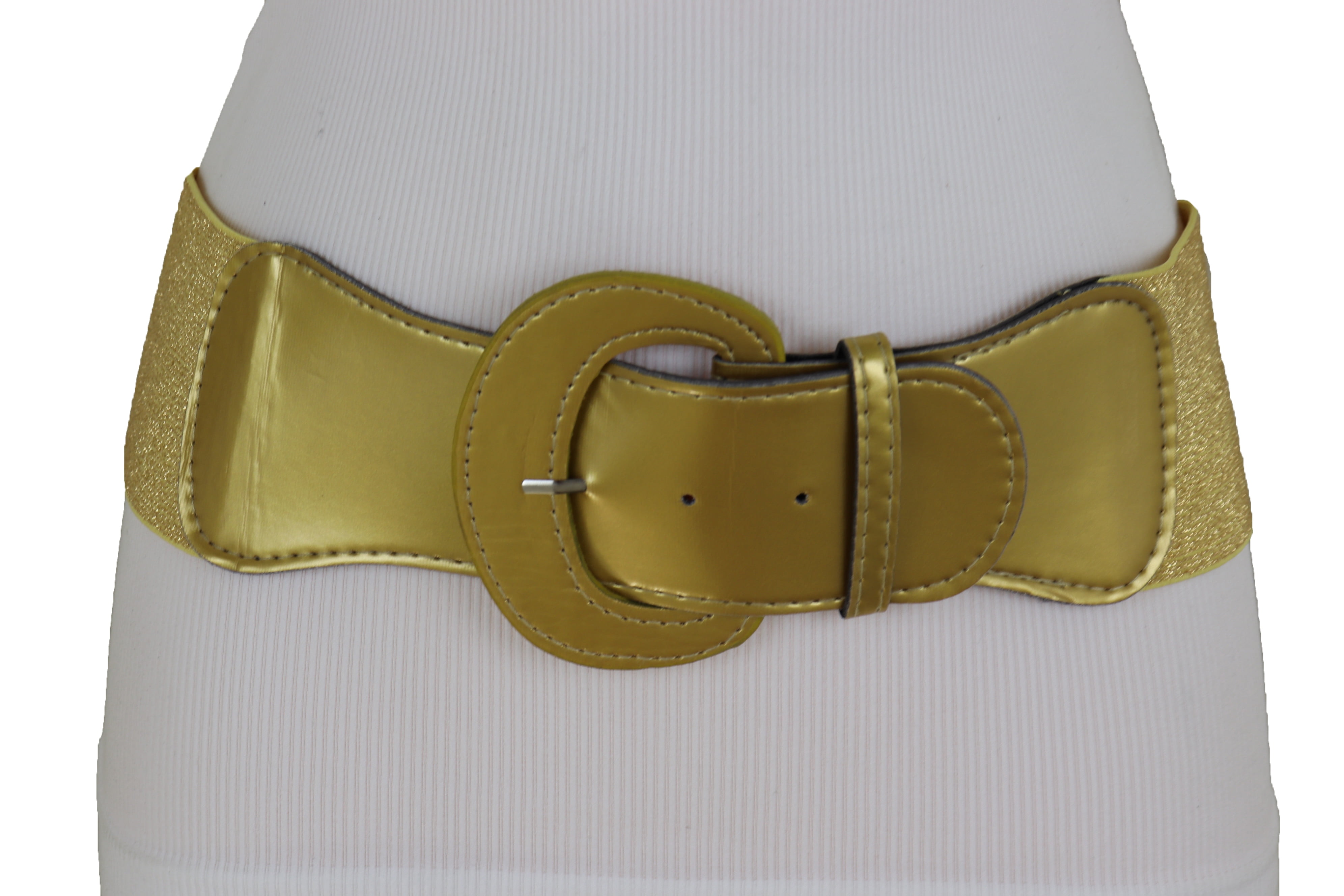 Women Faux Leather Elastic Metallic Gold Wide Belt Hip High Waist Size M L XL 