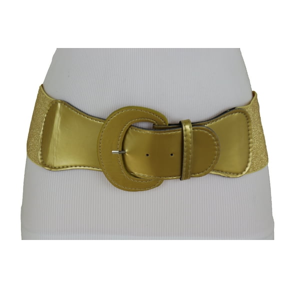 Women Gold Color Wide Elastic Band Fashion Belt Hip Waist Big Buckle M L