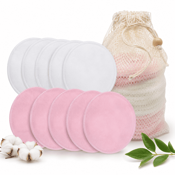 Reusable Makeup Remover Pads - 10 Pieces Soft Organic Cotton Rounds with Washable Drawstring
