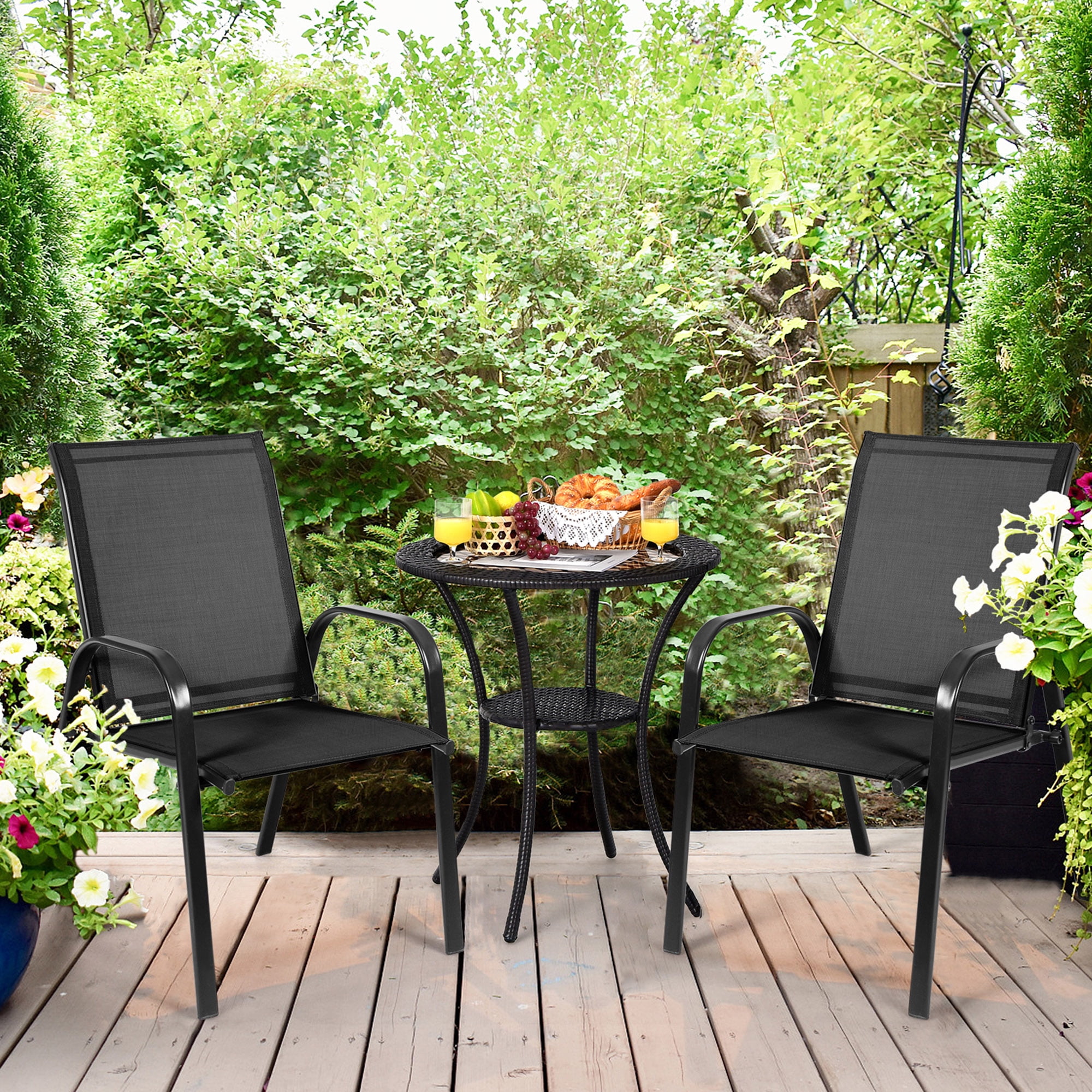Gymax Set of 2 Patio Chairs Dining Chairs w/ Steel Frame Yard Outdoor Black