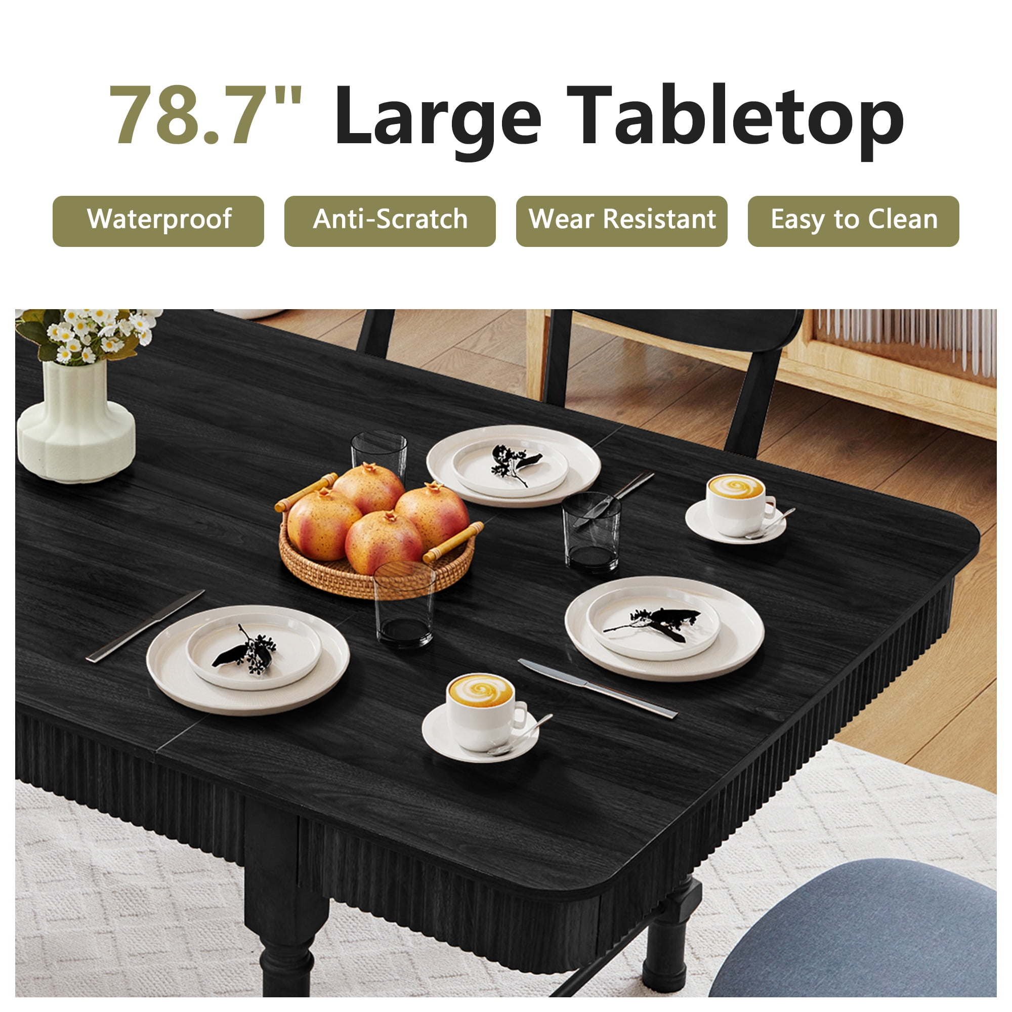 Weselon 78.74" Square Dining Table with 4 Drawers, Wood Fluted Dining Table with Storage Drawers, Seats up to 6,Large Kitchen Table for Casual Meals and Special,Dining Room, Black