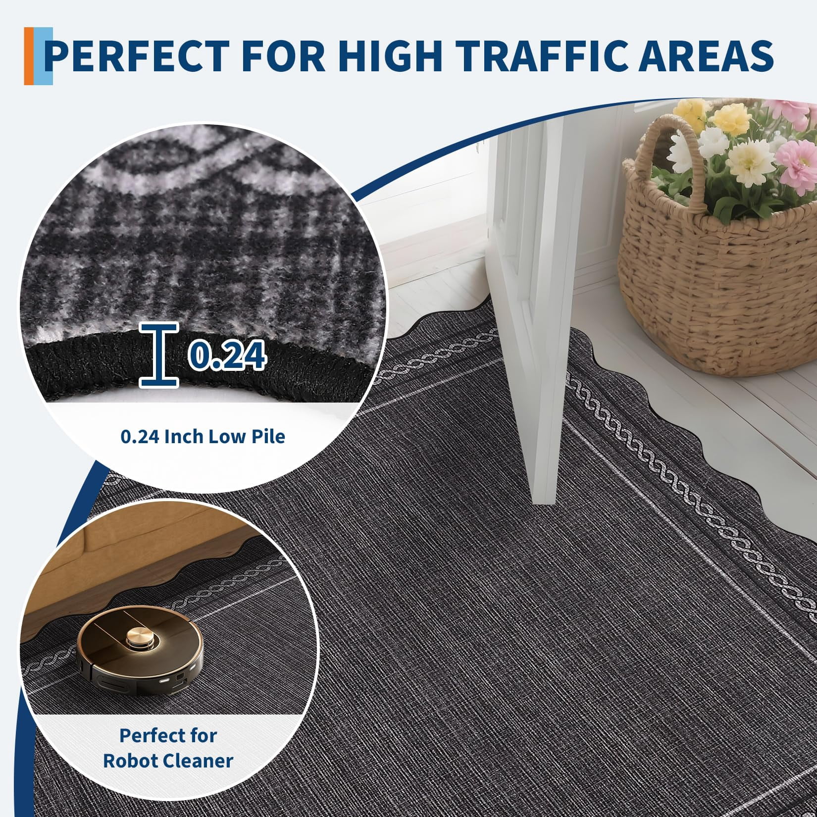 9*12FT Washable 9x12 Area Rug for Living Room Scalloped Solid Black Rug Non Slip Soft Bedroom Rugs Low Pile Foldable Large Area Rug Stain Resistant Carpet for Nursery Dining Classroom, Black Black