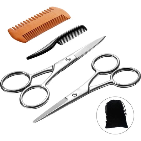 Professional Men's Grooming Kit, 4-in-1 Beard and Mustache Trimming Set with 2 Stainless Steel Scissors & 2 Combs for Travel & Home Styling