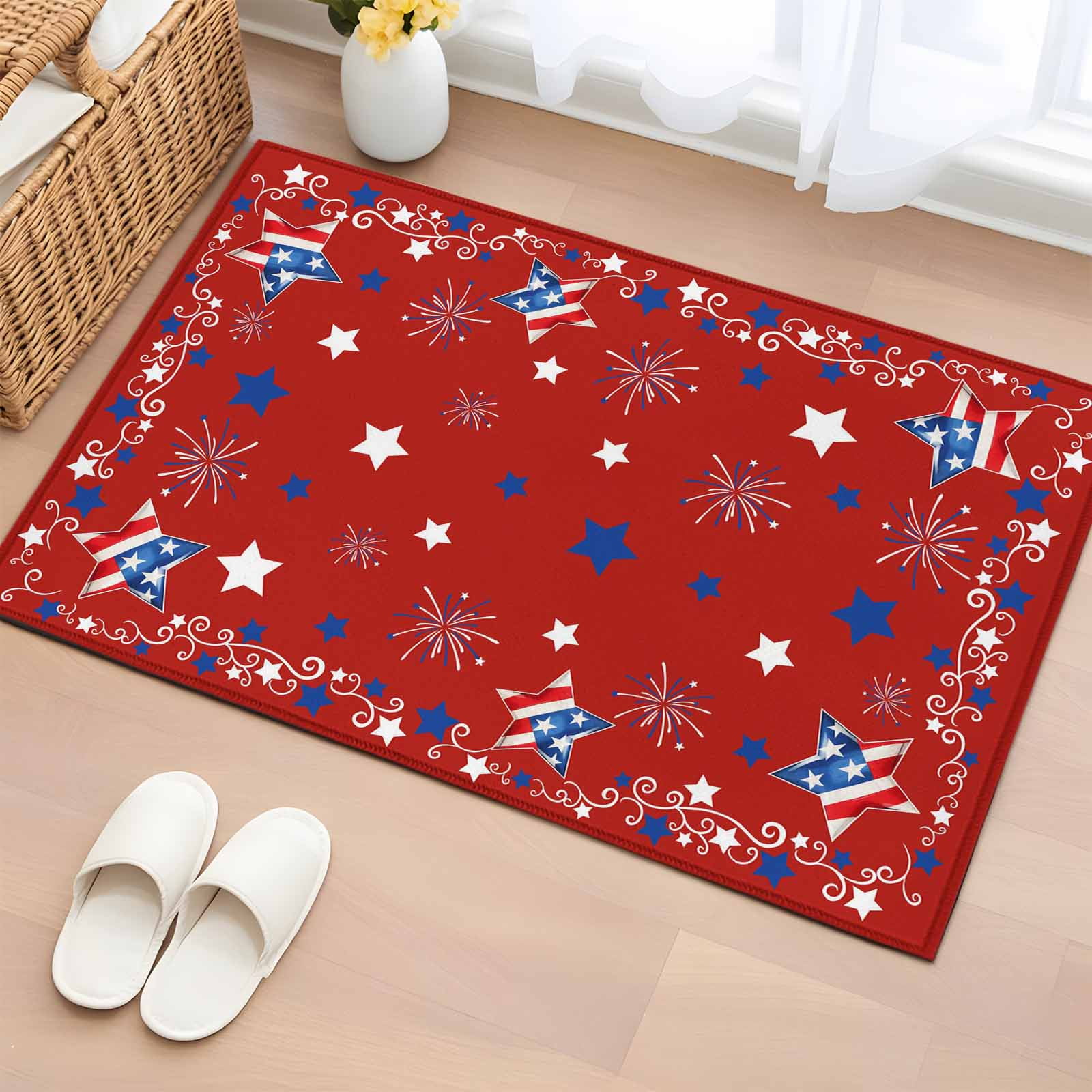 Rectangle Area Rug 2x3ft Independence Day Patriotic Stars Non-Slip Non-Shedding Floor Mat Freedom Celebration on Red Washable Sturdy Carpet for Living Room Bedroom Home Decor