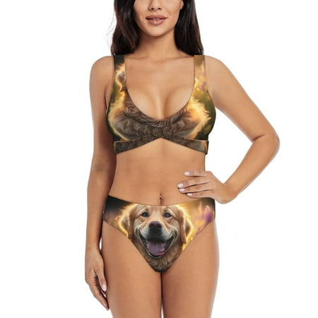 Zeuib Sunset Daisy Dog High Waisted Tummy Control Bikini Set - Knot Front Push Up Top & Cheeky Thong Bottom  Two-Piece Swimsuit for Women-Medium
