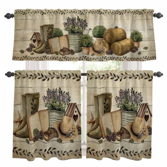 Vintage Farmhouse Kitchen Curtains Sets for Windows 36 Inch Length, Retro Country Boots Flowers Leaf Wooden Plank Rod Pocket Window Treatments Tier Curtains and Valances Set for Bedroom/Bathroom