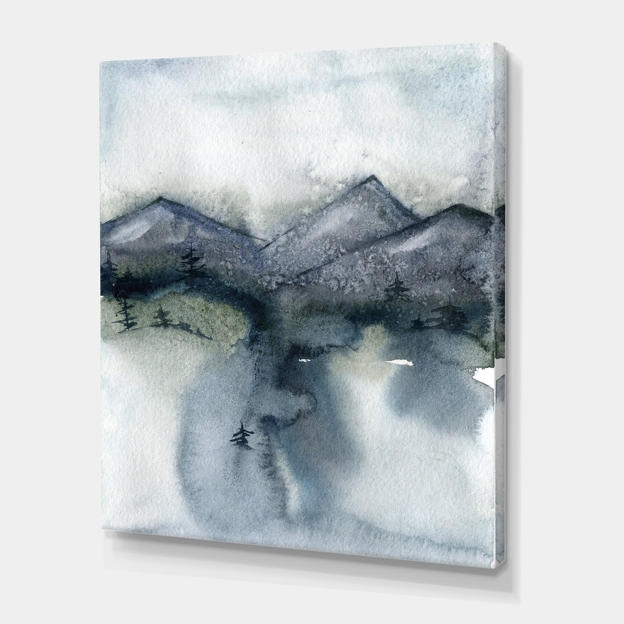Designart ' Minimalistic Landscape of Mountains Snow and Trees ' Modern Canvas Wall Art Print