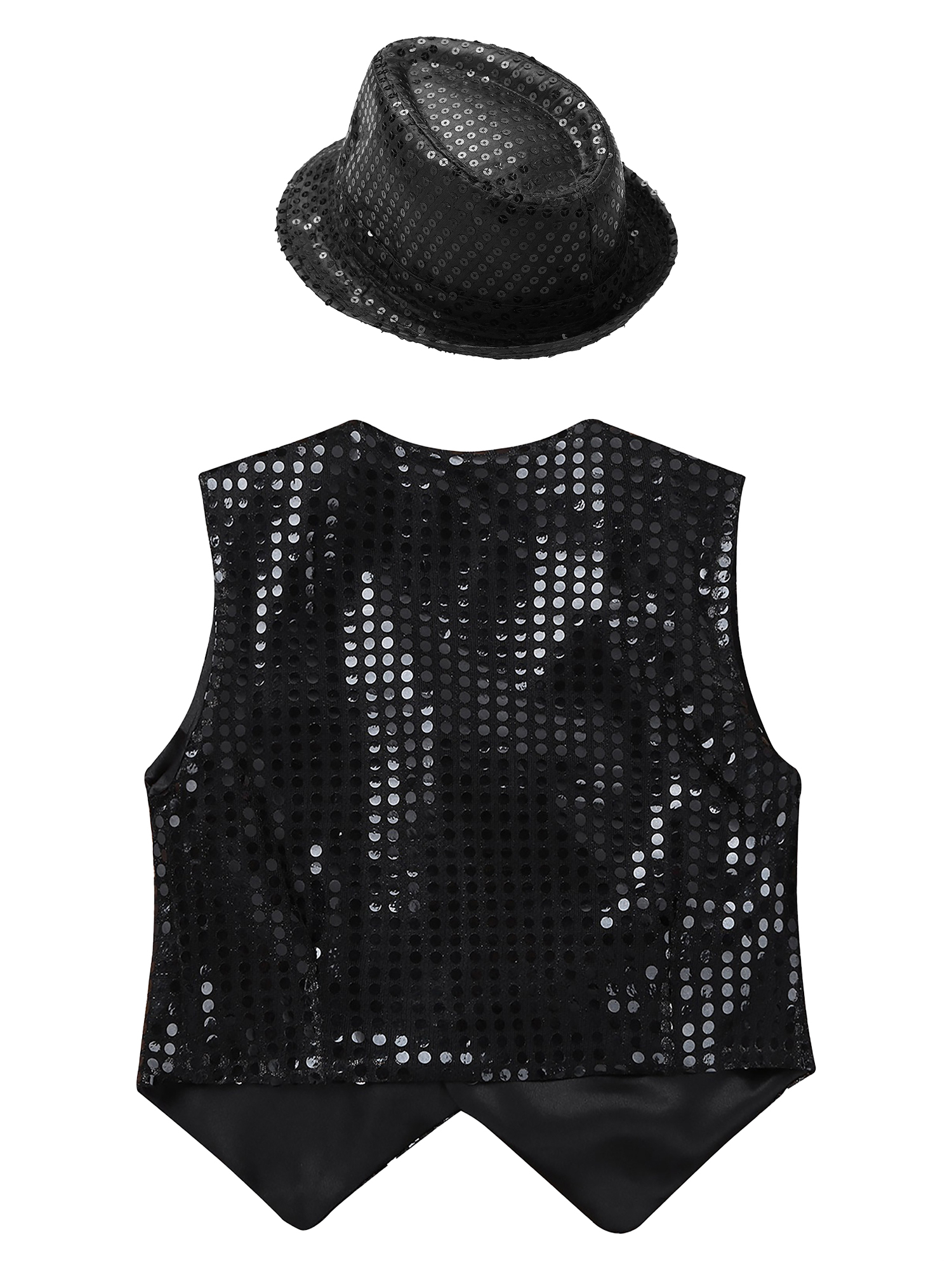 IEFIEL Kids Boys Sparkle Sequins Button Down Vest with Hat Dance Outfit Set Hip Hop Jazz Stage Performance Costume Black 13-14 - image 4 of 7