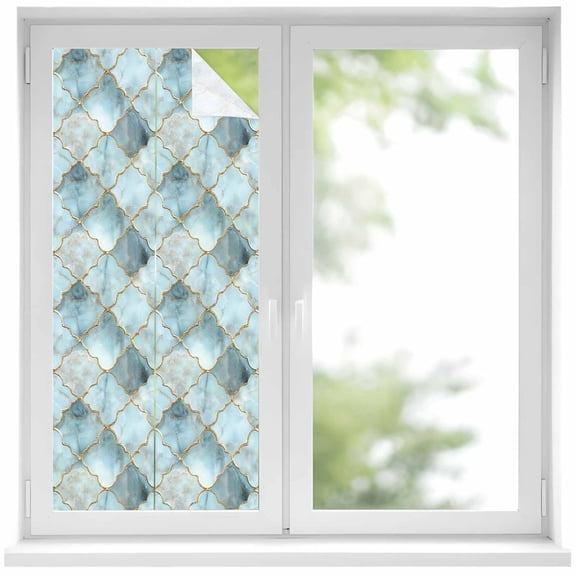 Teal Morocco Window Privacy Film Modern Abstract Art Contemporary Geometric Decorative Glass Window Film UV Blocking Static Cling Non-Adhesive Sticker Covering for Home Door 17.7 x 39.3 inches
