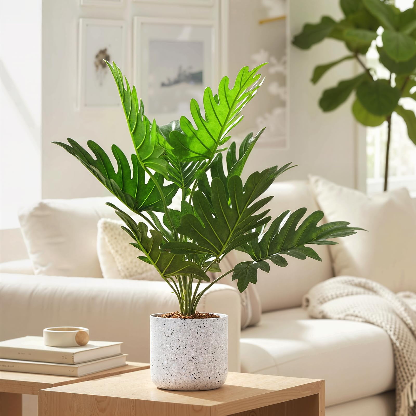 QinaQin 2 Pack Philodendron Fake Plants, 17.7" Artificial Plants Indoor in Pot with Cement Moss Base, Faux Green Bonsai Trees