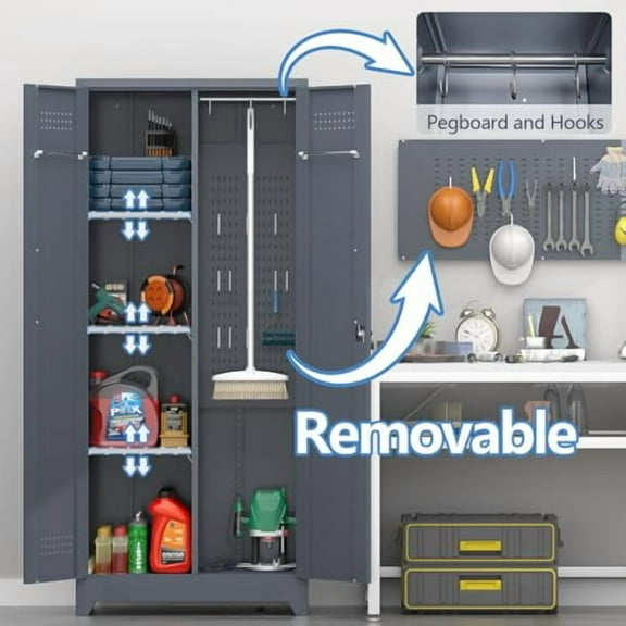 Broom Closet, Broom Closet Storage Cabinets with Lock, 65" Metal Garage Organization Cabinet, Cleaning Supply Utility Storage Cabinet with Pegboard & Shelves for Laundry Room,Works