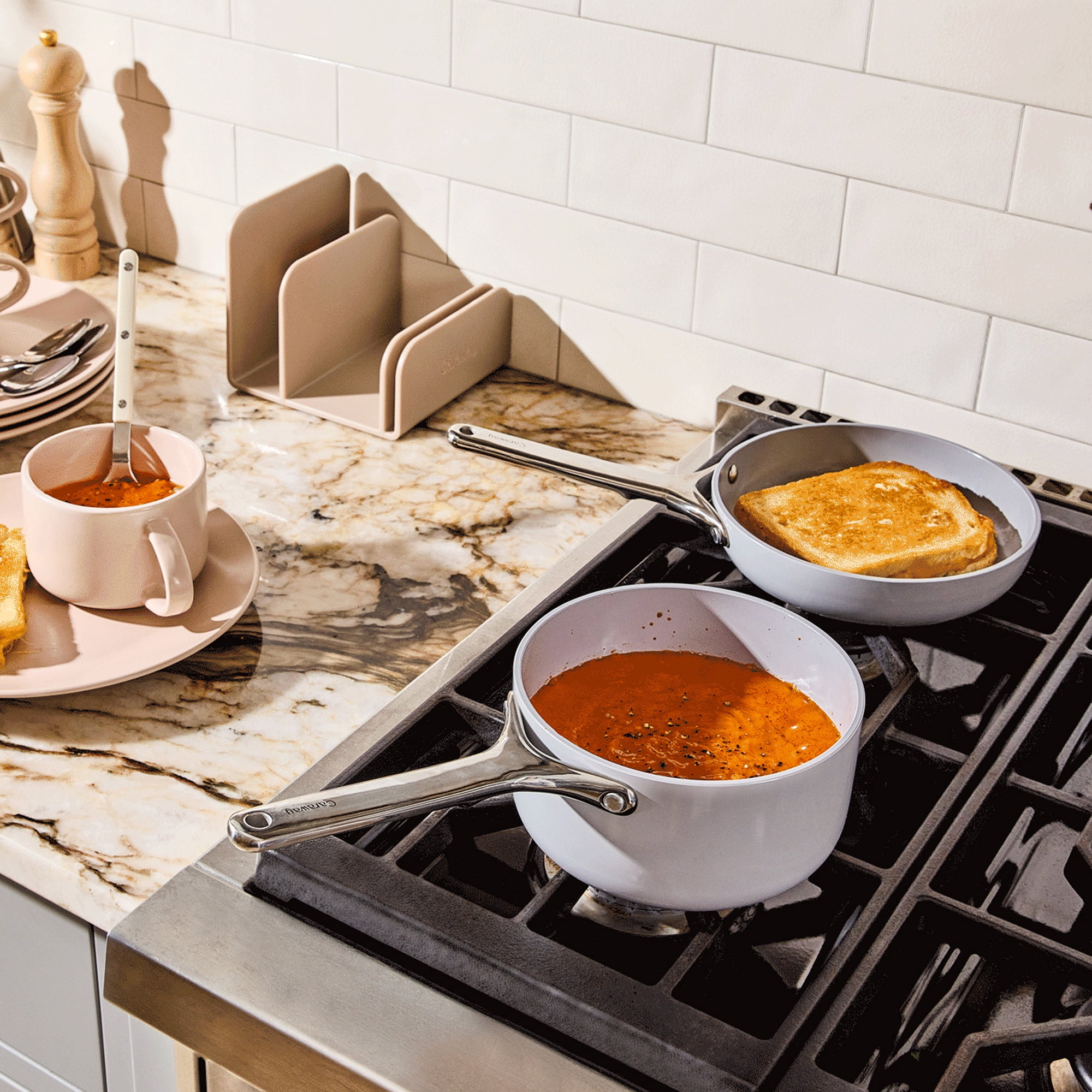 Caraway Mini Cookware Set - Non-Stick Ceramic Fry Pan (1.05 qt, 8") Sauce Pan (1.75 qt) & Storage Rack - Oven Safe & Stovetop Agnostic (Gas, Electric & Induction) - Gray