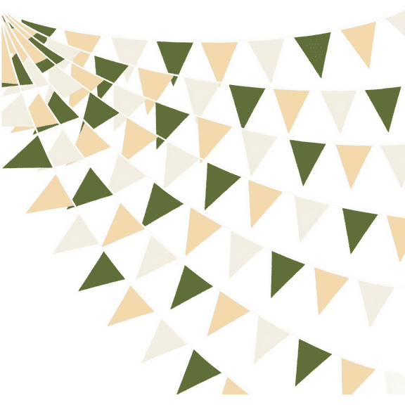 32Ft Green Beige Ceram Fabric Triangle Flag Hanging Banner Pennant Garland Backdrops for Spring Summer Woodland Theme Party Birthday Wedding Baby Shower Jungle Safari Garden Outdoor Wall Decorations