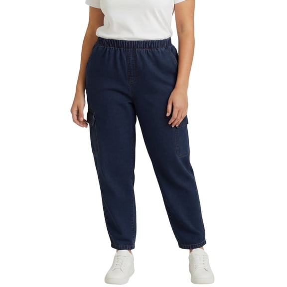 Turtle Bay New York Women's Elastic Stretch Waist Casual Denim Pull-on Cargo Pants